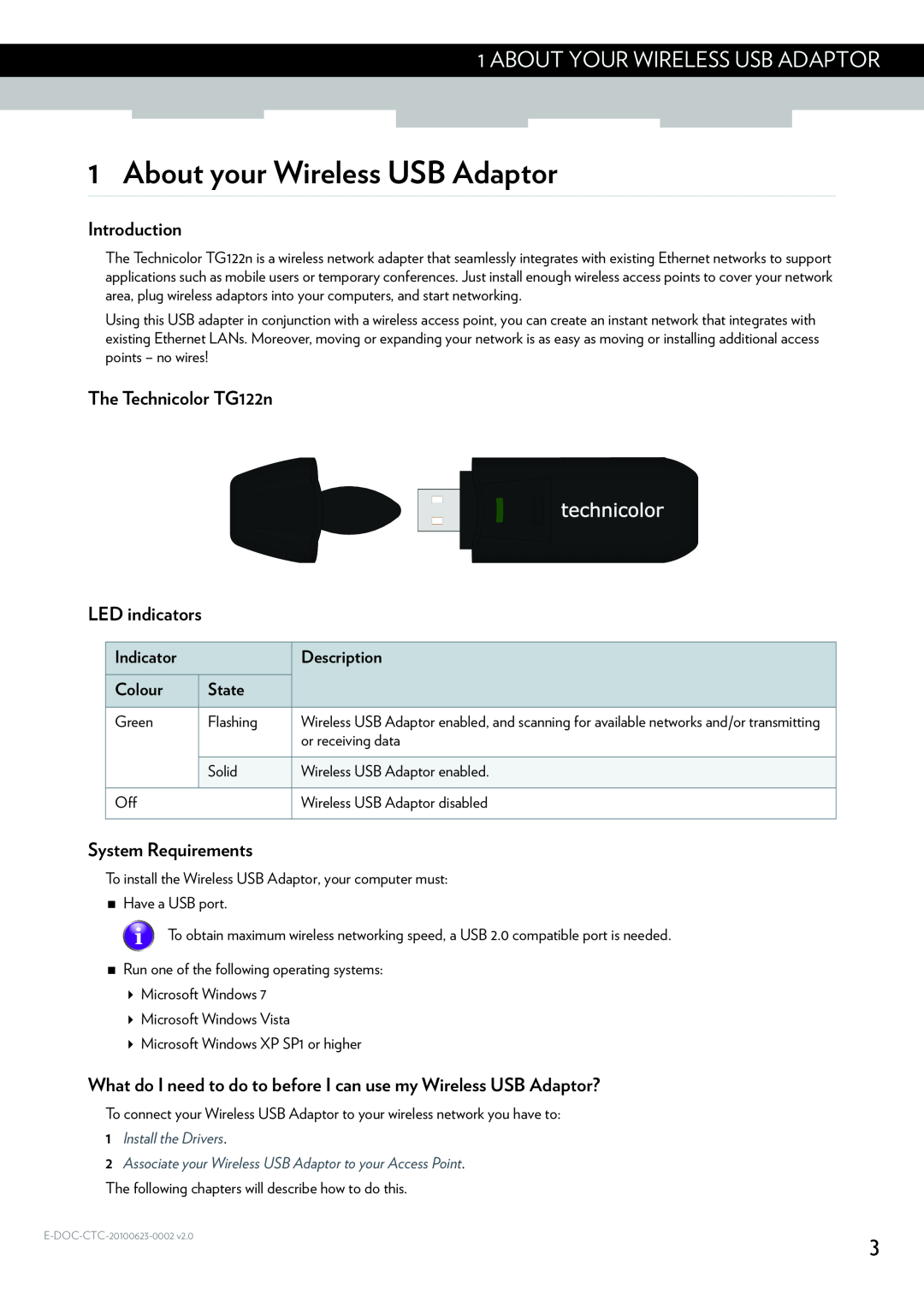 Technicolor - Thomson TG122N About your Wireless USB Adaptor, About Your Wireless Usb Adaptor, Introduction, Indicator 