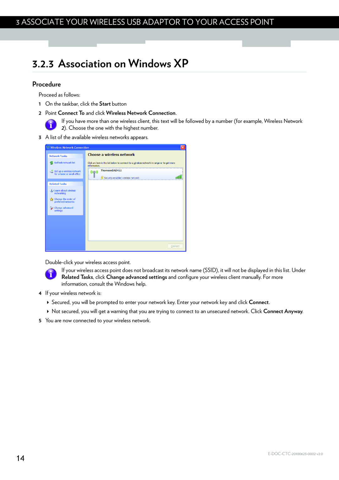 Technicolor - Thomson TG122N manual Association on Windows XP, Point Connect To and click Wireless Network Connection 