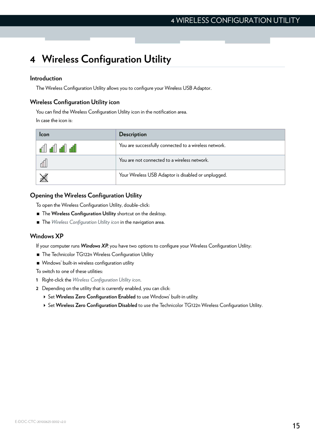 Technicolor - Thomson TG122N manual Wireless Configuration Utility icon, Opening the Wireless Configuration Utility 