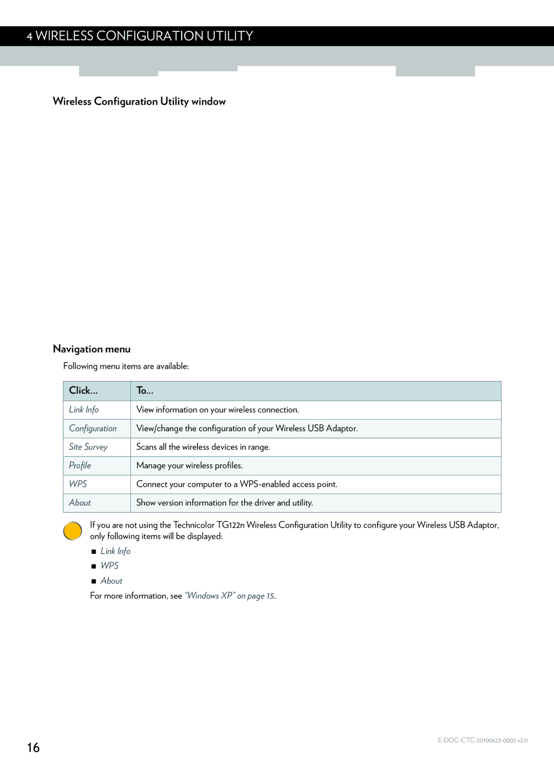 Technicolor - Thomson TG122N manual Wireless Configuration Utility window Navigation menu, Click 