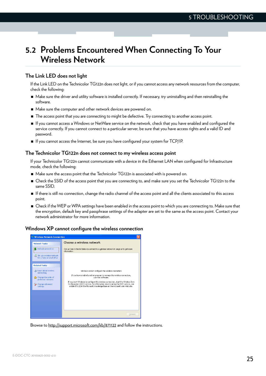 Technicolor - Thomson TG122N manual Link LED does not light, Windows XP cannot configure the wireless connection 