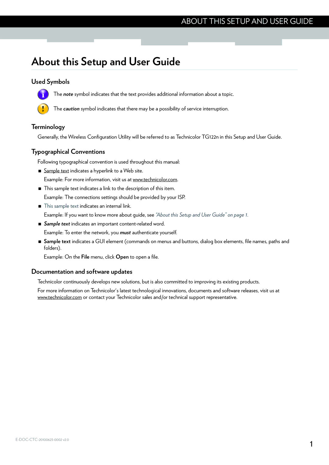 Technicolor - Thomson TG122N manual About this Setup and User Guide, Used Symbols Terminology, Typographical Conventions 