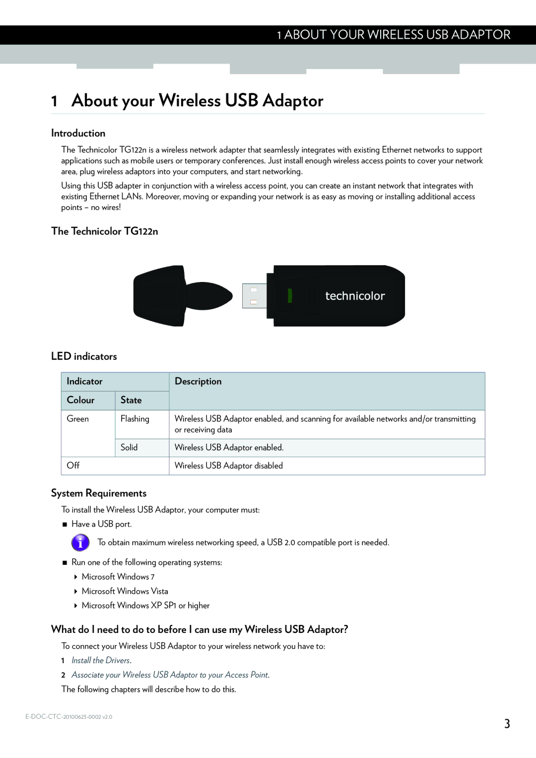 Technicolor - Thomson TG122N manual About your Wireless USB Adaptor, Introduction, Technicolor TG122n LED indicators 