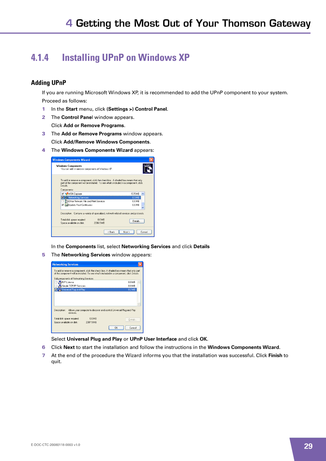 Technicolor - Thomson 585 v7 manual Installing UPnP on Windows XP, Adding UPnP, Start menu, click Settings Control Panel 