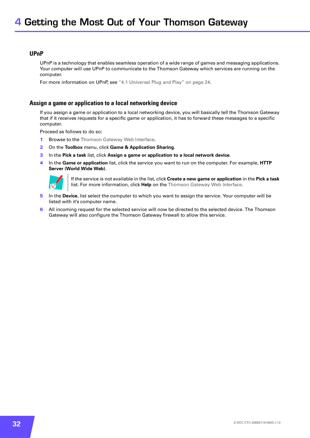 Technicolor - Thomson TG576 v7, 585 v7 manual UPnP, Assign a game or application to a local networking device 