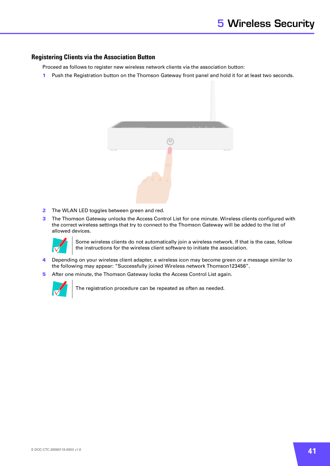 Technicolor - Thomson 585 v7, TG576 v7 manual Registering Clients via the Association Button 