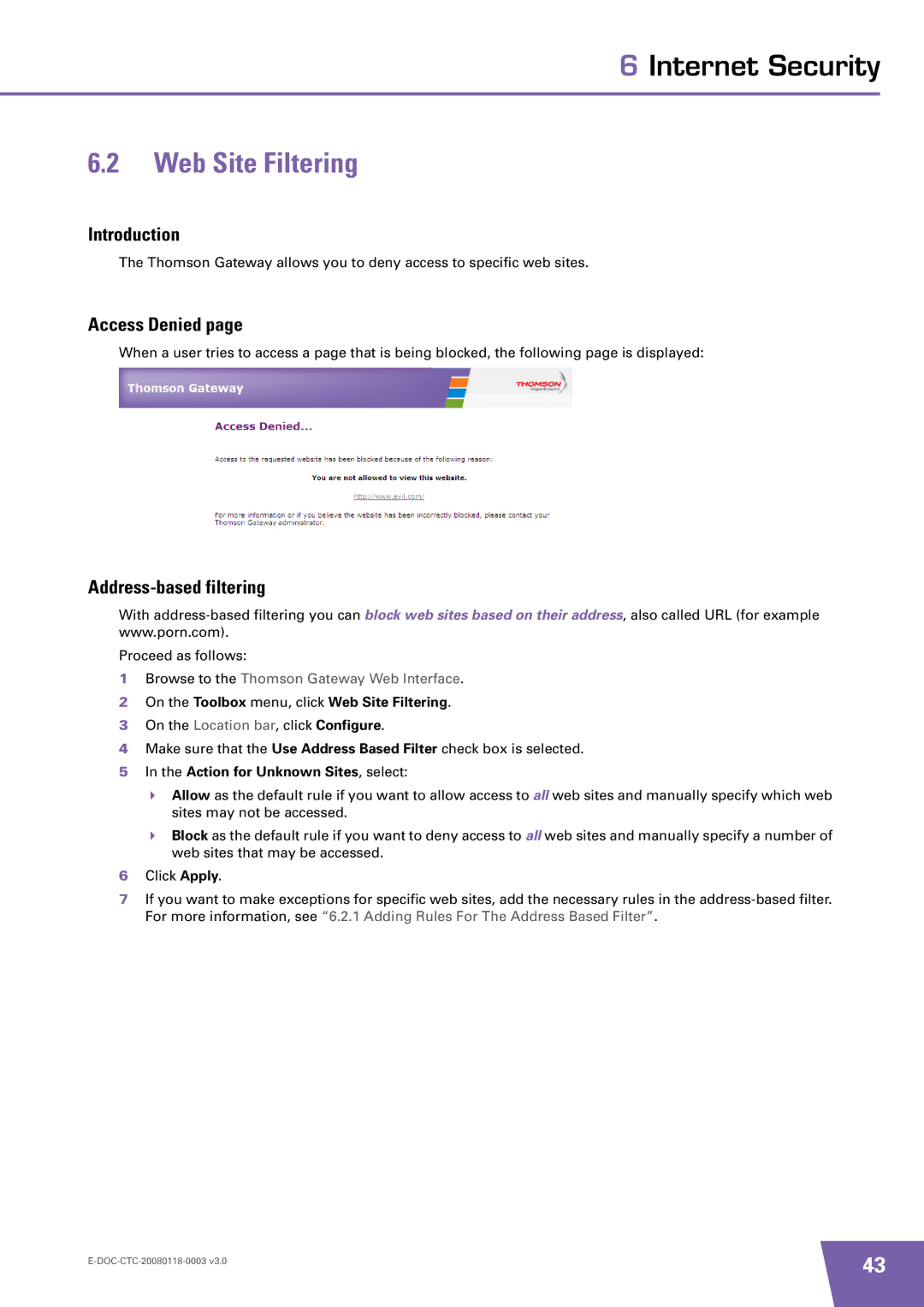 Technicolor - Thomson TG585 v7 manual Web Site Filtering, Access Denied, Address-based filtering 