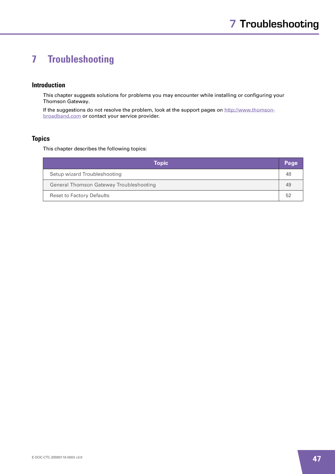 Technicolor - Thomson TG585 v7 manual Troubleshooting, Topics 