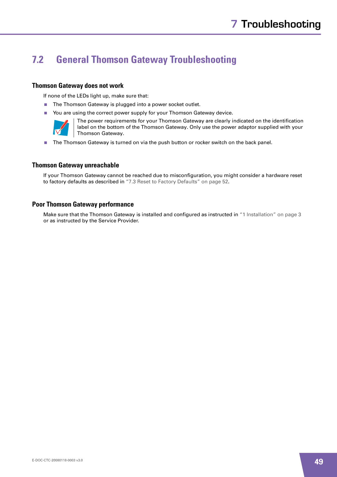 Technicolor - Thomson TG585 v7 manual General Thomson Gateway Troubleshooting, Thomson Gateway does not work 