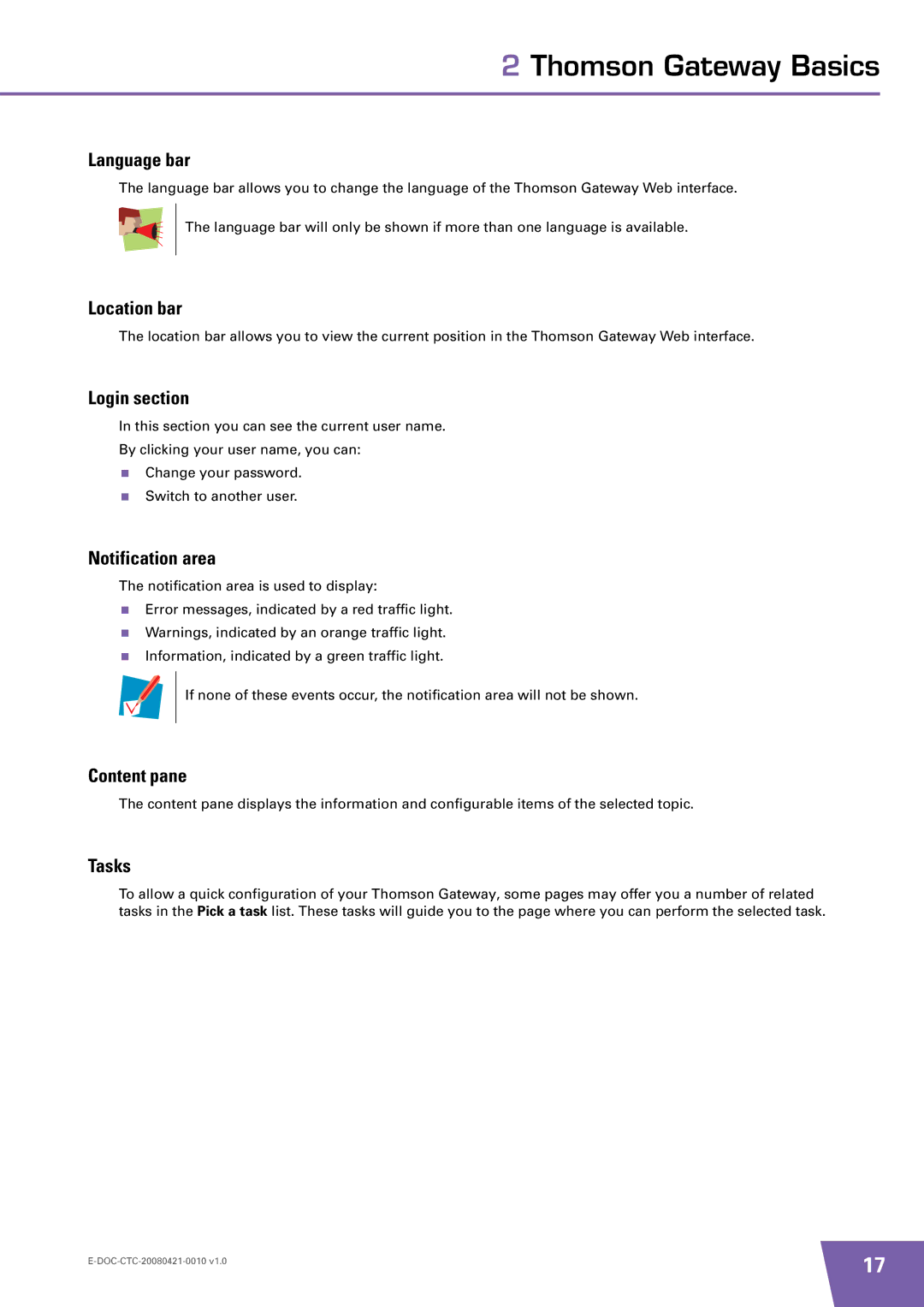 Technicolor - Thomson TG784 manual Language bar, Location bar, Login section, Notification area, Content pane, Tasks 