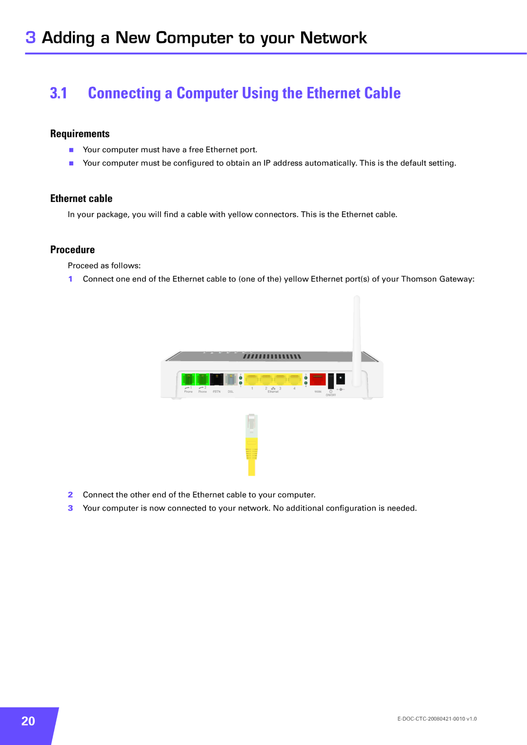 Technicolor - Thomson TG784 manual Connecting a Computer Using the Ethernet Cable, Ethernet cable 