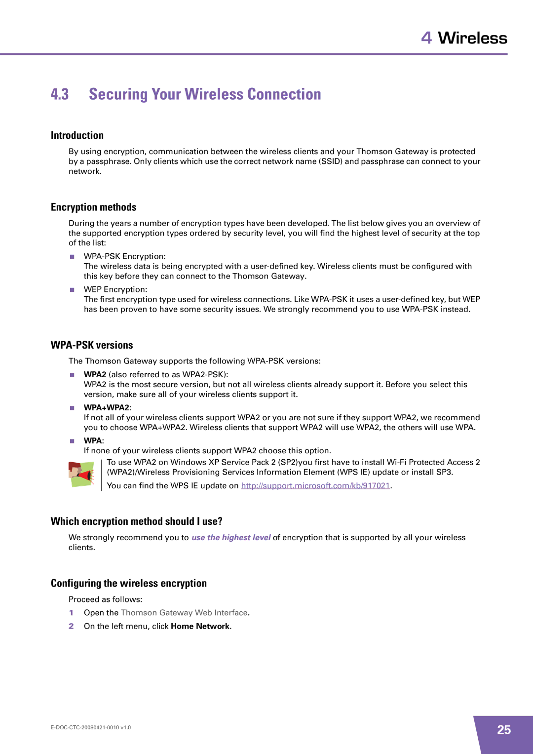 Technicolor - Thomson TG784 manual Securing Your Wireless Connection, Encryption methods, WPA-PSK versions 