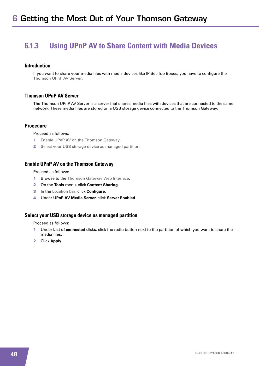 Technicolor - Thomson TG784 manual Using UPnP AV to Share Content with Media Devices, Thomson UPnP AV Server 