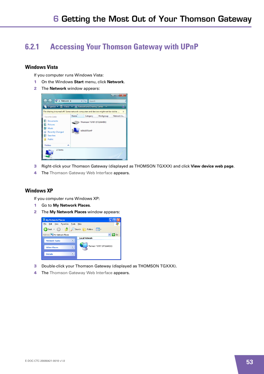 Technicolor - Thomson TG784 Accessing Your Thomson Gateway with UPnP, Windows Vista, Windows XP, Go to My Network Places 