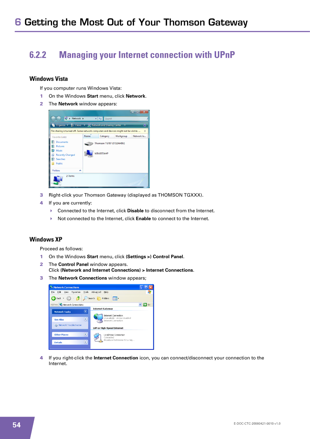 Technicolor - Thomson TG784 manual Managing your Internet connection with UPnP 