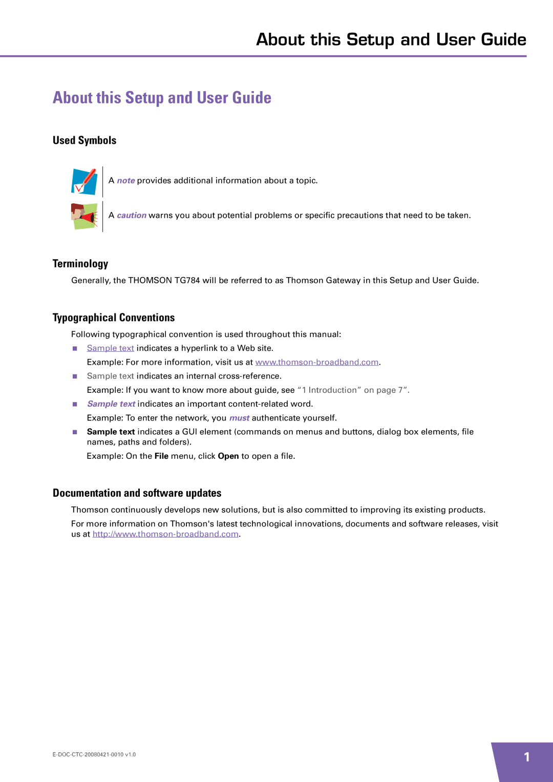 Technicolor - Thomson TG784 manual About this Setup and User Guide, Used Symbols Terminology, Typographical Conventions 