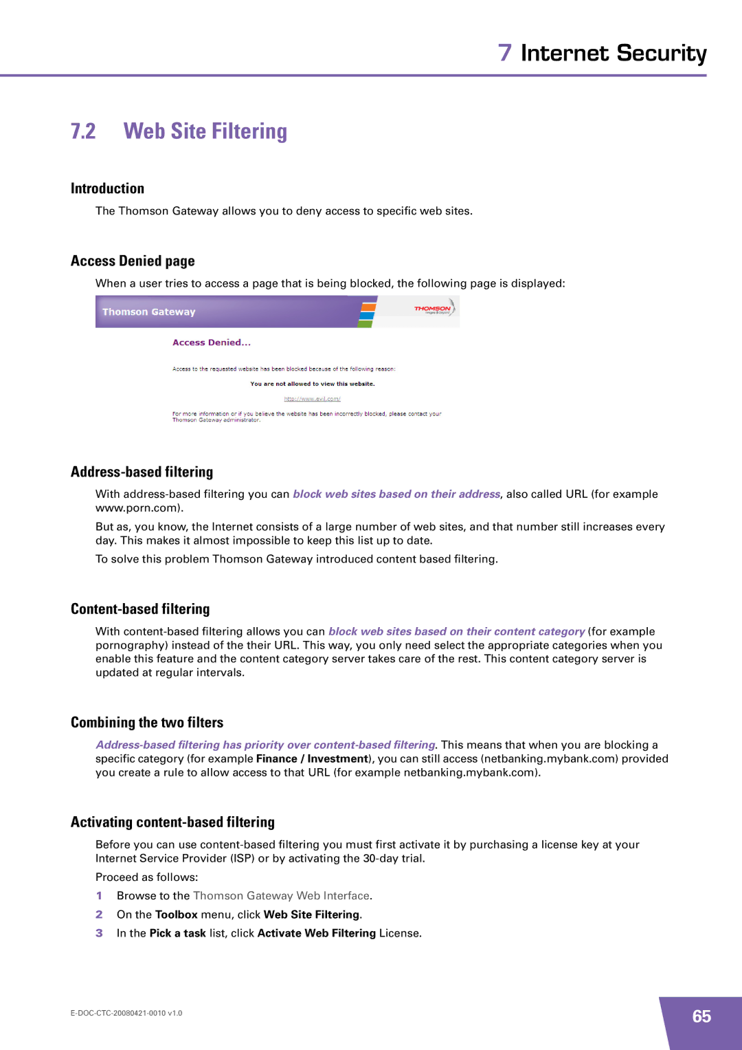 Technicolor - Thomson TG784 manual Web Site Filtering, Access Denied, Address-based filtering, Content-based filtering 