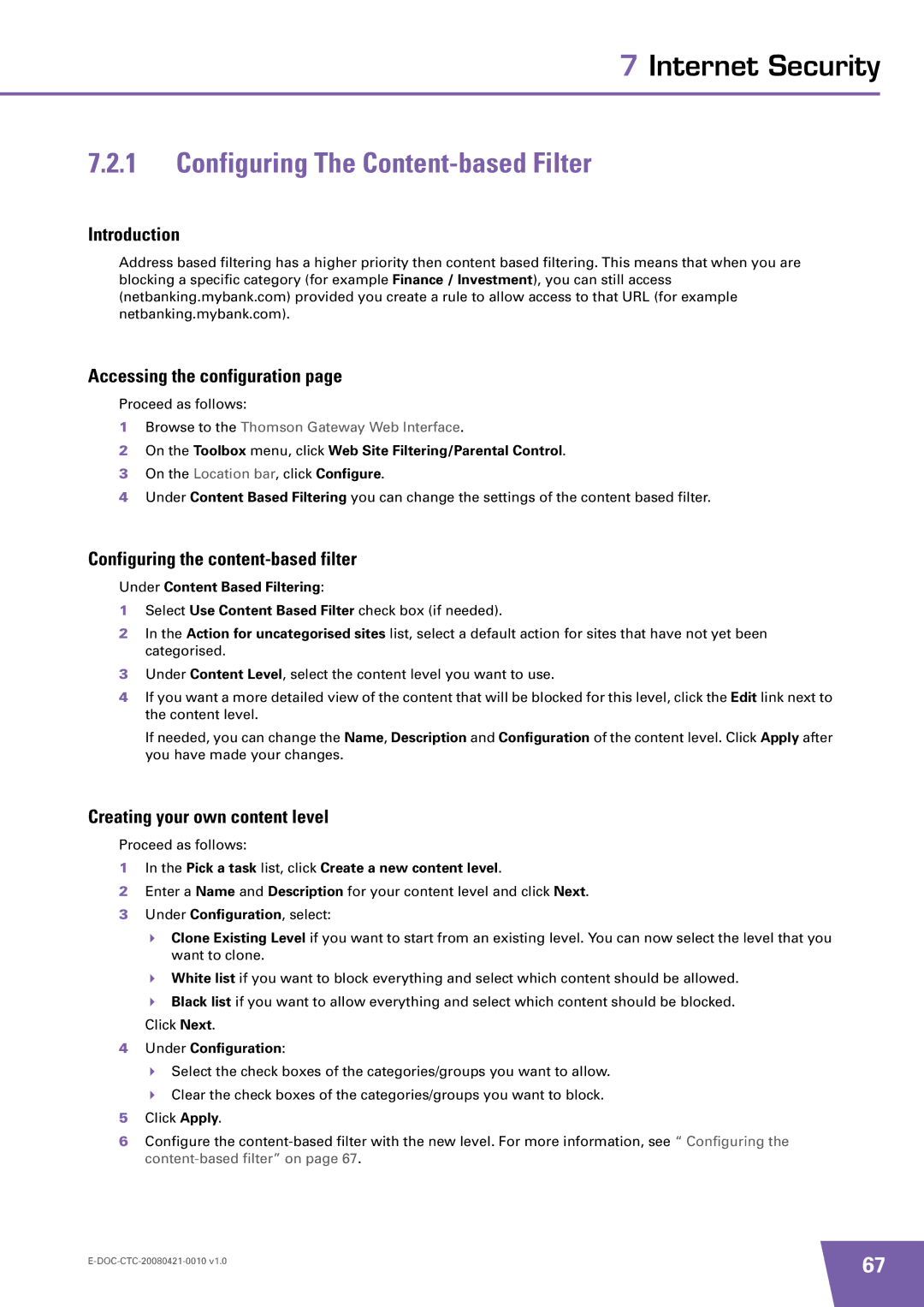 Technicolor - Thomson TG784 manual Configuring The Content-based Filter, Introduction Accessing the configuration 