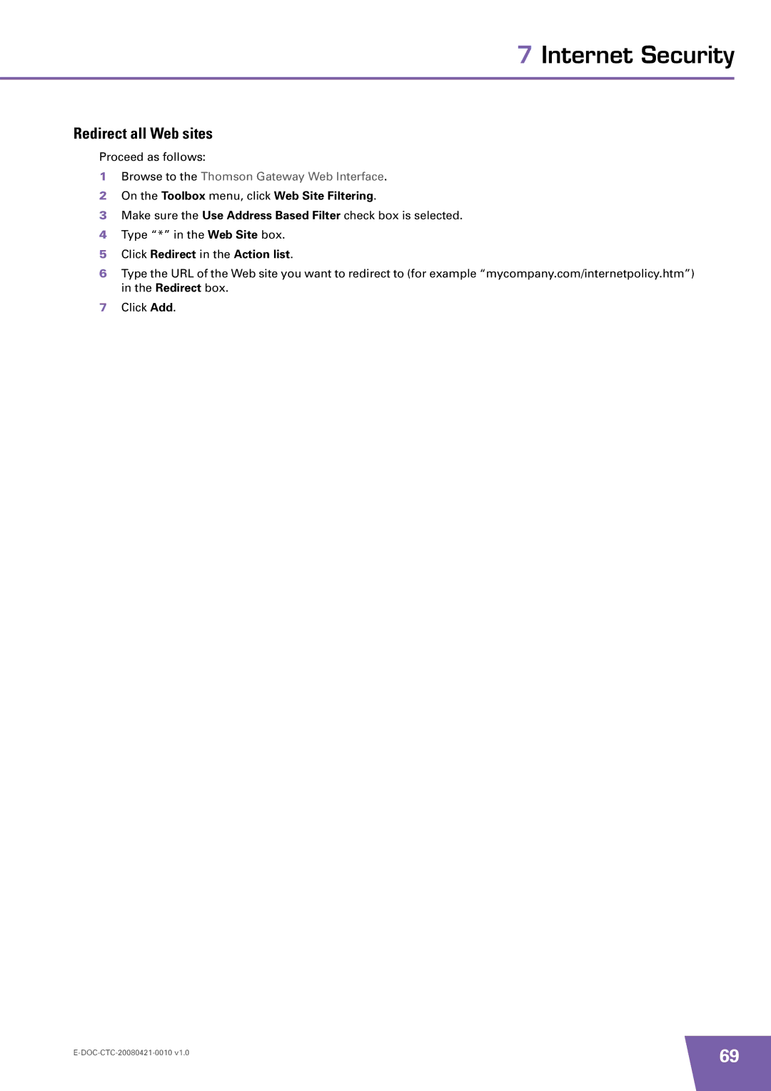 Technicolor - Thomson TG784 manual Redirect all Web sites, Click Redirect in the Action list 