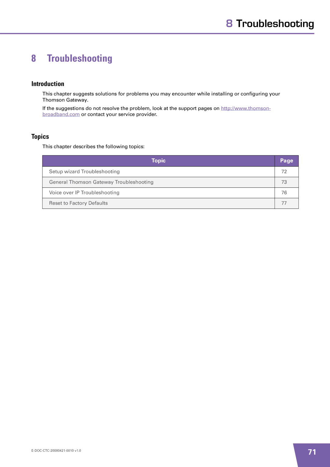 Technicolor - Thomson TG784 manual Troubleshooting, Topics 