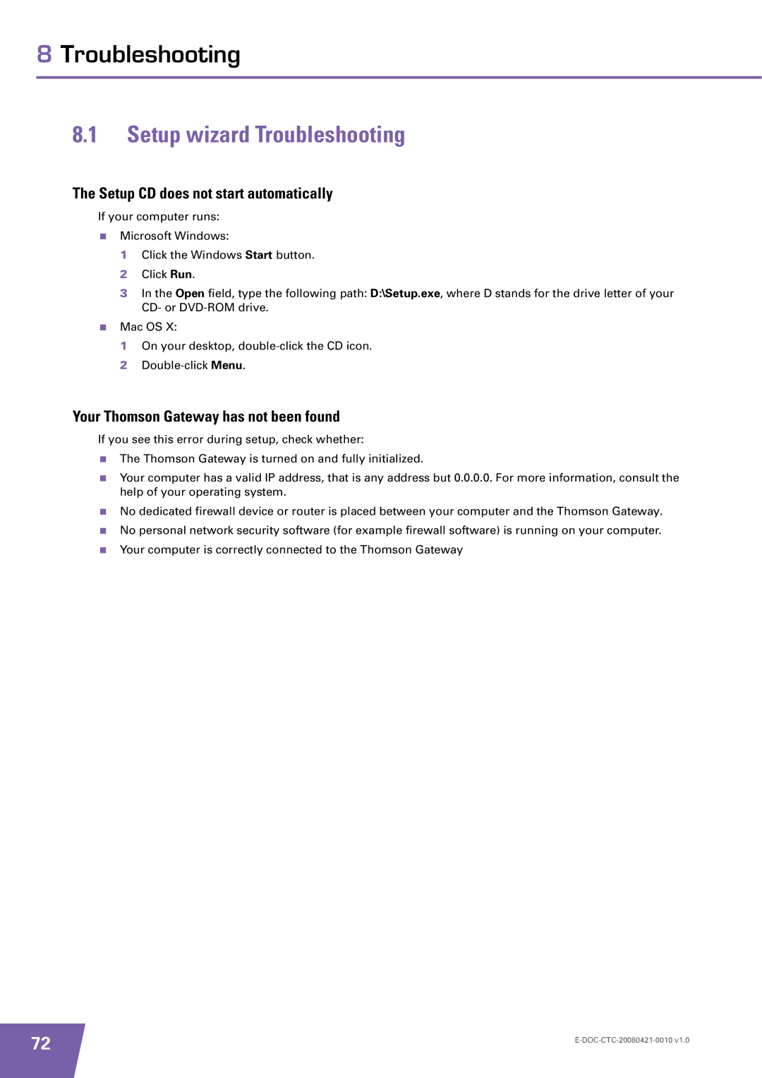 Technicolor - Thomson TG784 manual Setup wizard Troubleshooting, Setup CD does not start automatically 