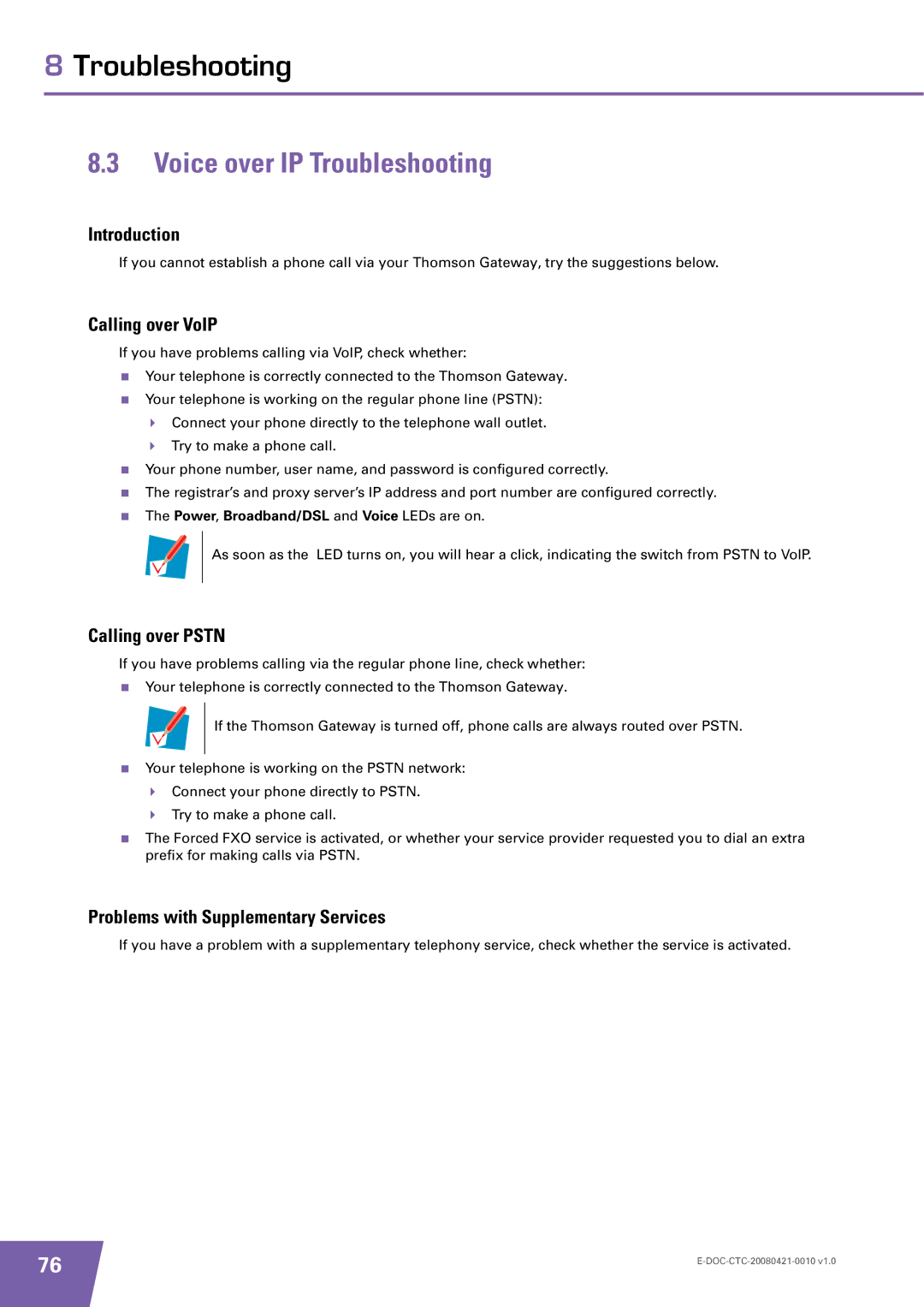 Technicolor - Thomson TG784 manual Voice over IP Troubleshooting, Calling over VoIP, Calling over Pstn 