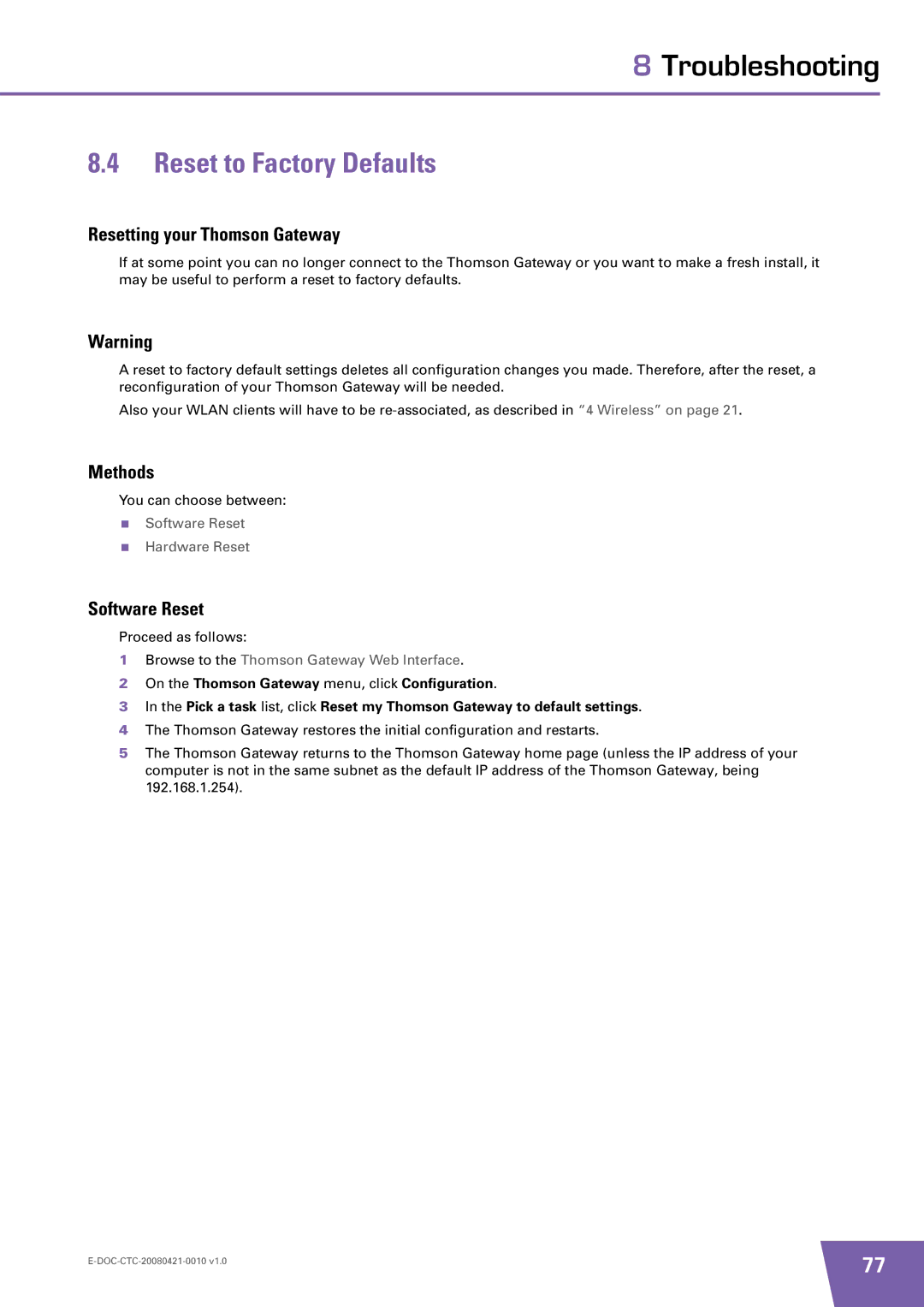 Technicolor - Thomson TG784 manual Reset to Factory Defaults, Resetting your Thomson Gateway, Methods, Software Reset 