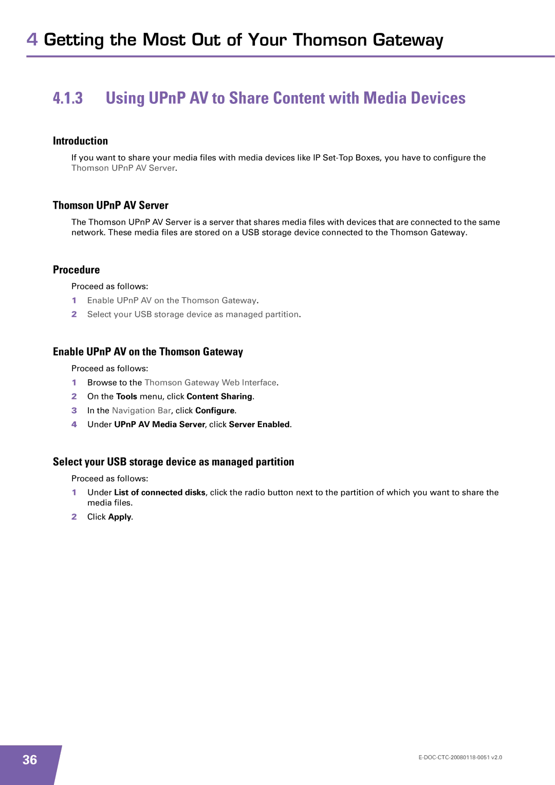 Technicolor - Thomson TG787 manual Using UPnP AV to Share Content with Media Devices, Thomson UPnP AV Server 