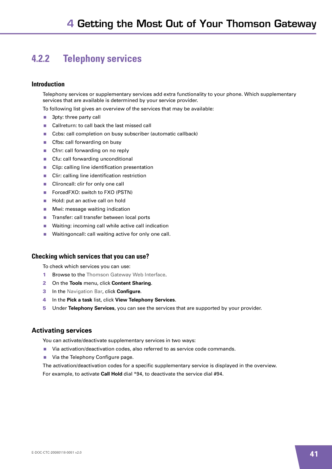 Technicolor - Thomson TG787 manual Telephony services, Checking which services that you can use?, Activating services 