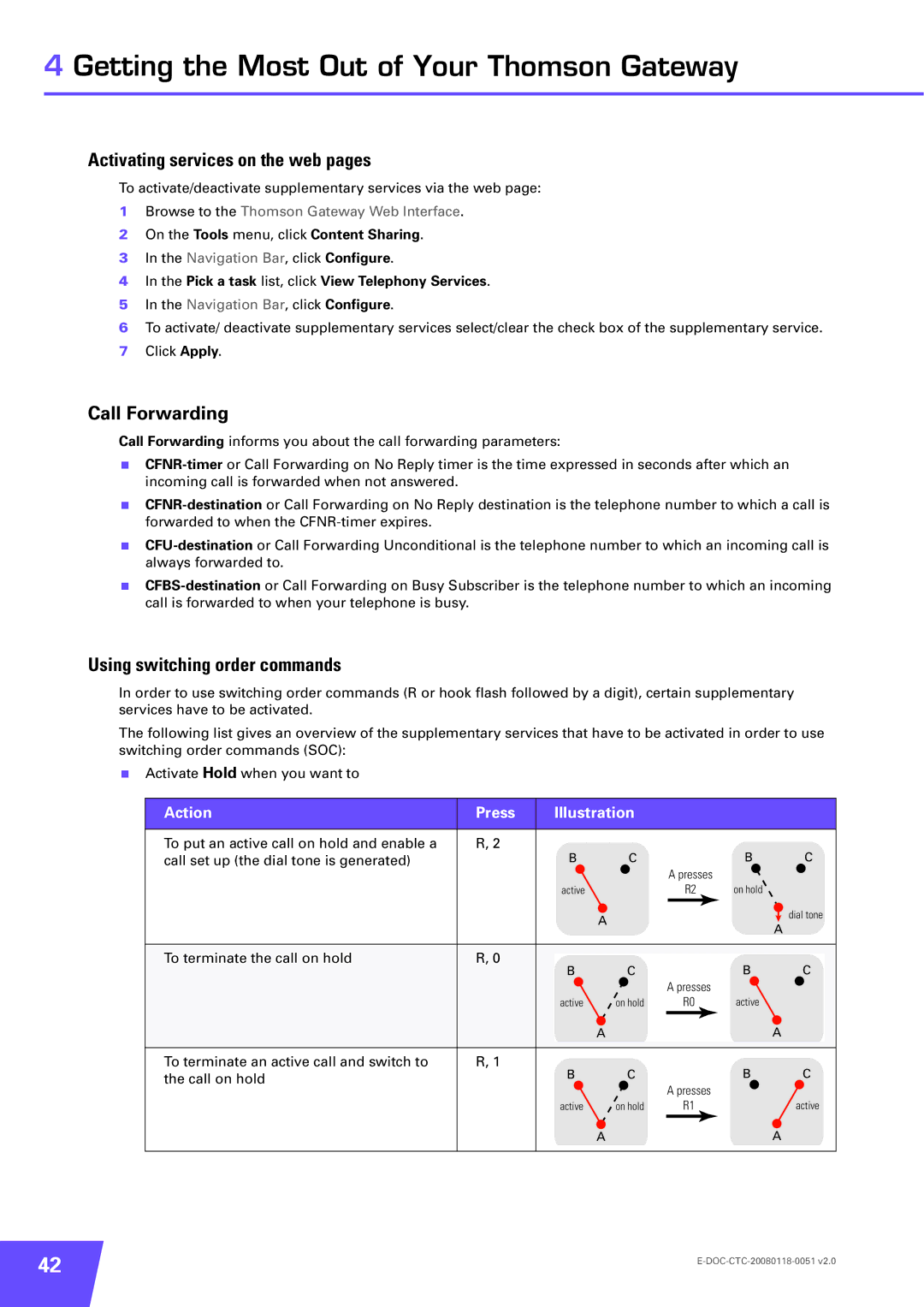 Technicolor - Thomson TG787 manual Activating services on the web pages, Call Forwarding, Using switching order commands 