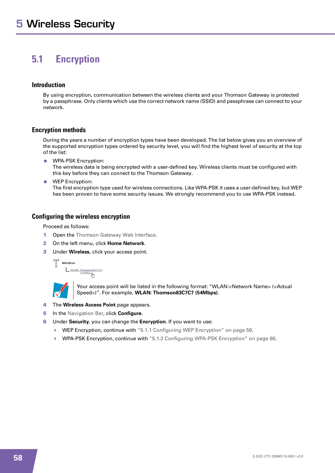 Technicolor - Thomson TG787 manual Encryption methods, Configuring the wireless encryption 