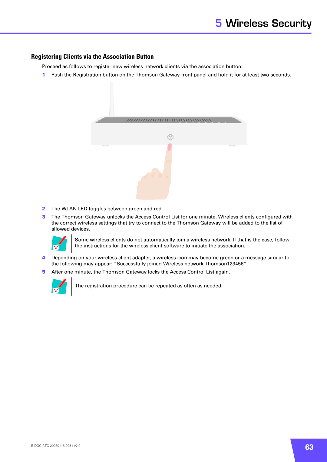 Technicolor - Thomson TG787 manual Registering Clients via the Association Button 