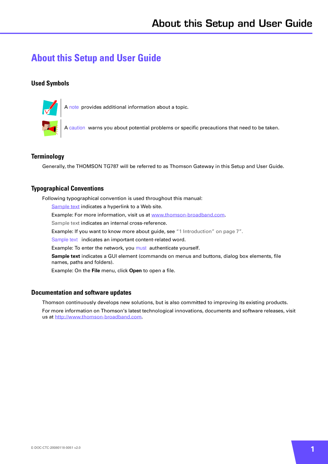 Technicolor - Thomson TG787 manual About this Setup and User Guide, Used Symbols Terminology, Typographical Conventions 