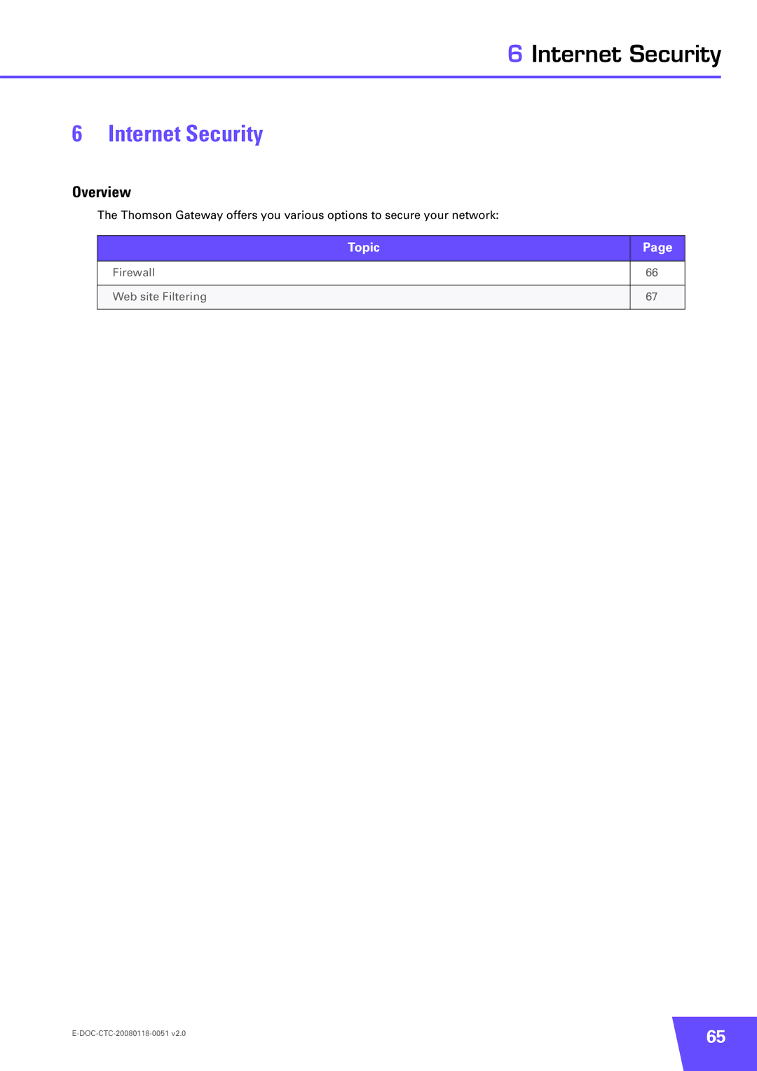 Technicolor - Thomson TG787 manual Internet Security, Overview 