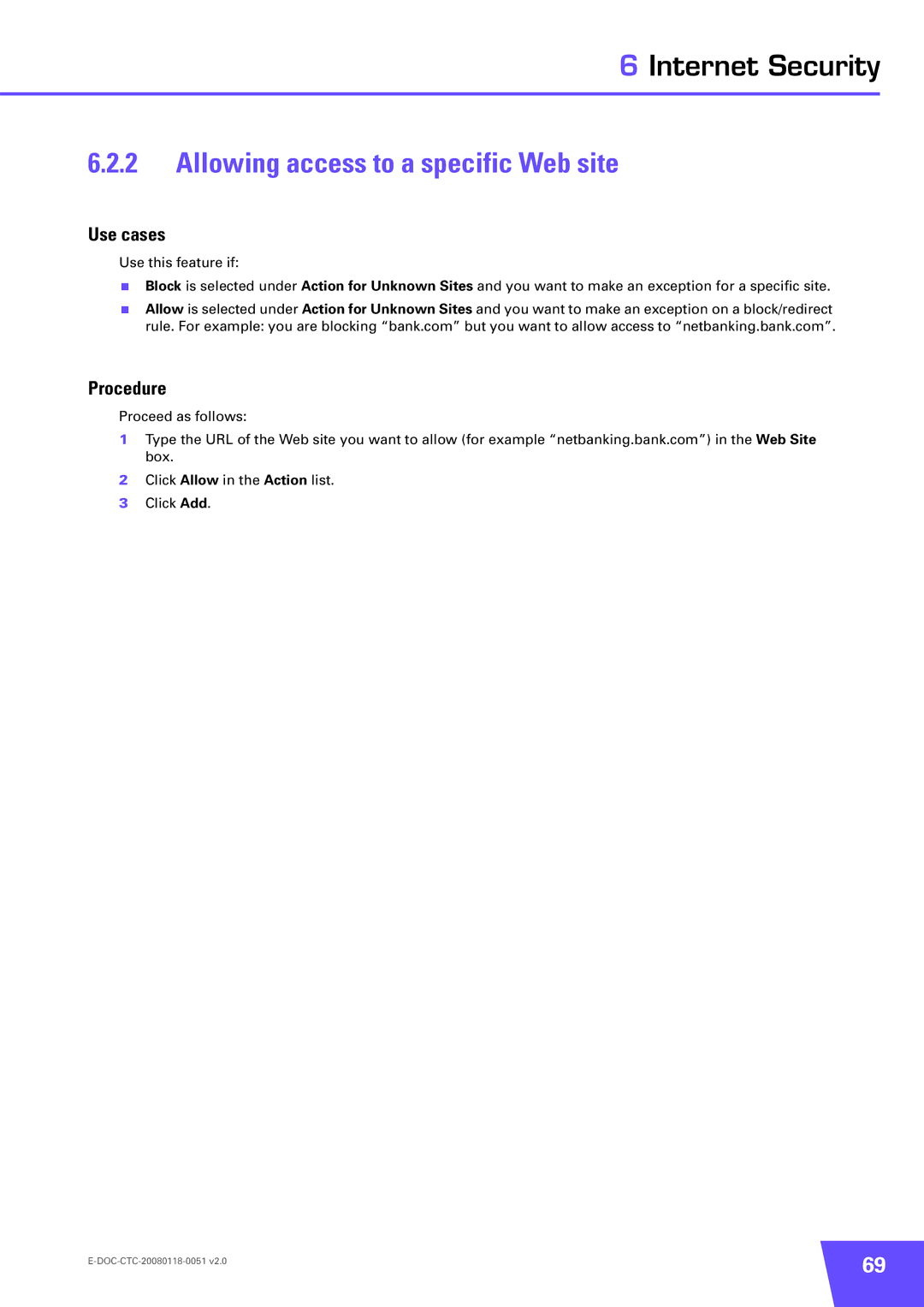 Technicolor - Thomson TG787 manual Allowing access to a specific Web site 