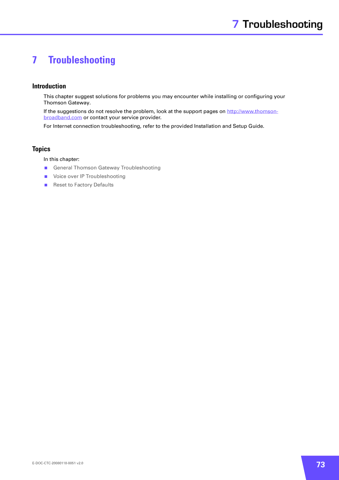 Technicolor - Thomson TG787 manual Troubleshooting, Topics 