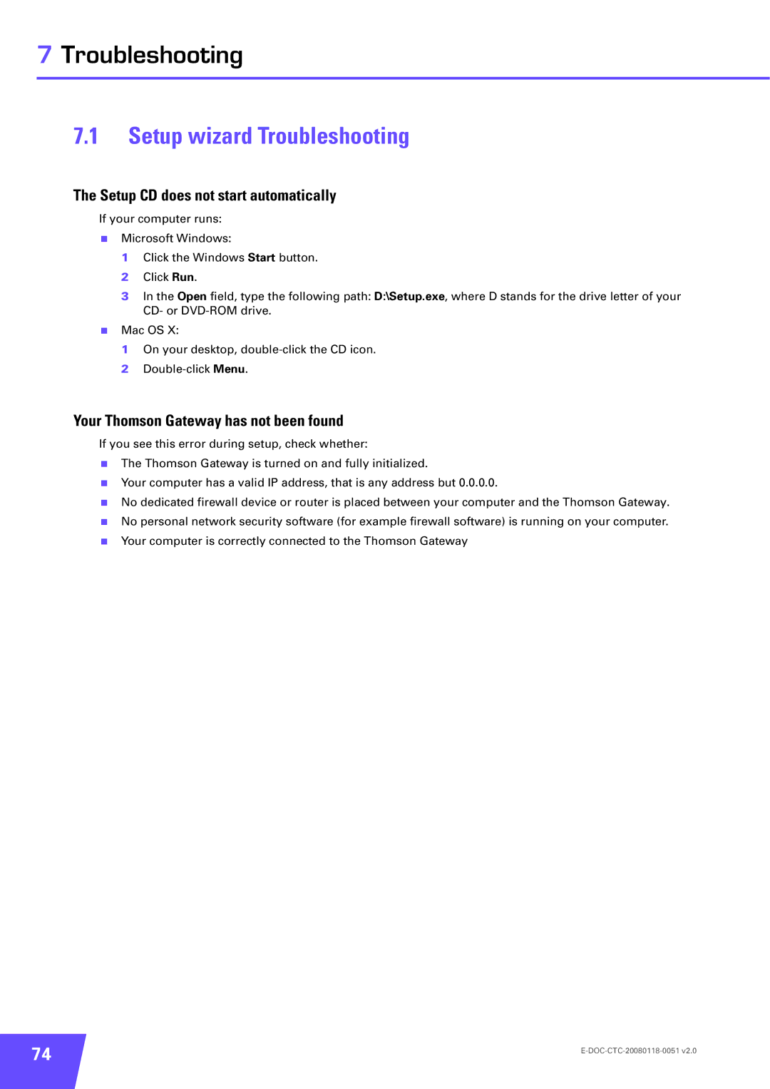 Technicolor - Thomson TG787 manual Setup wizard Troubleshooting, Setup CD does not start automatically 