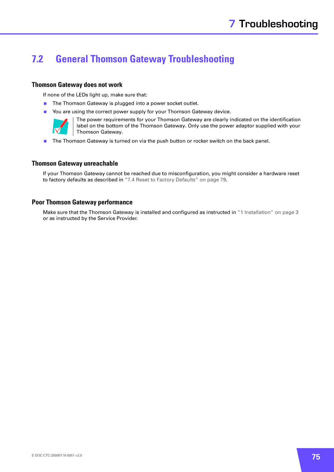 Technicolor - Thomson TG787 manual General Thomson Gateway Troubleshooting, Thomson Gateway does not work 