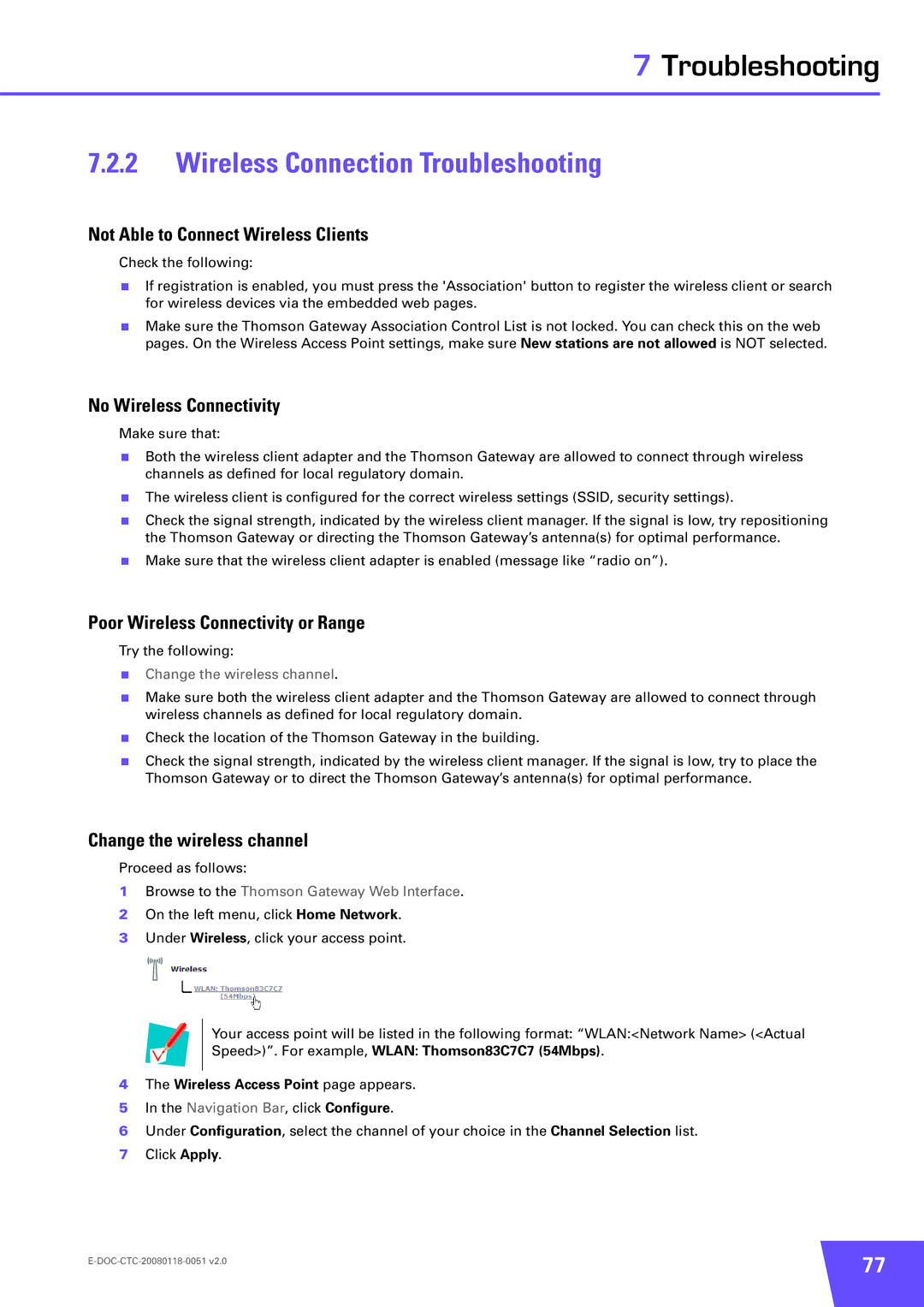 Technicolor - Thomson TG787 manual Wireless Connection Troubleshooting, Not Able to Connect Wireless Clients 