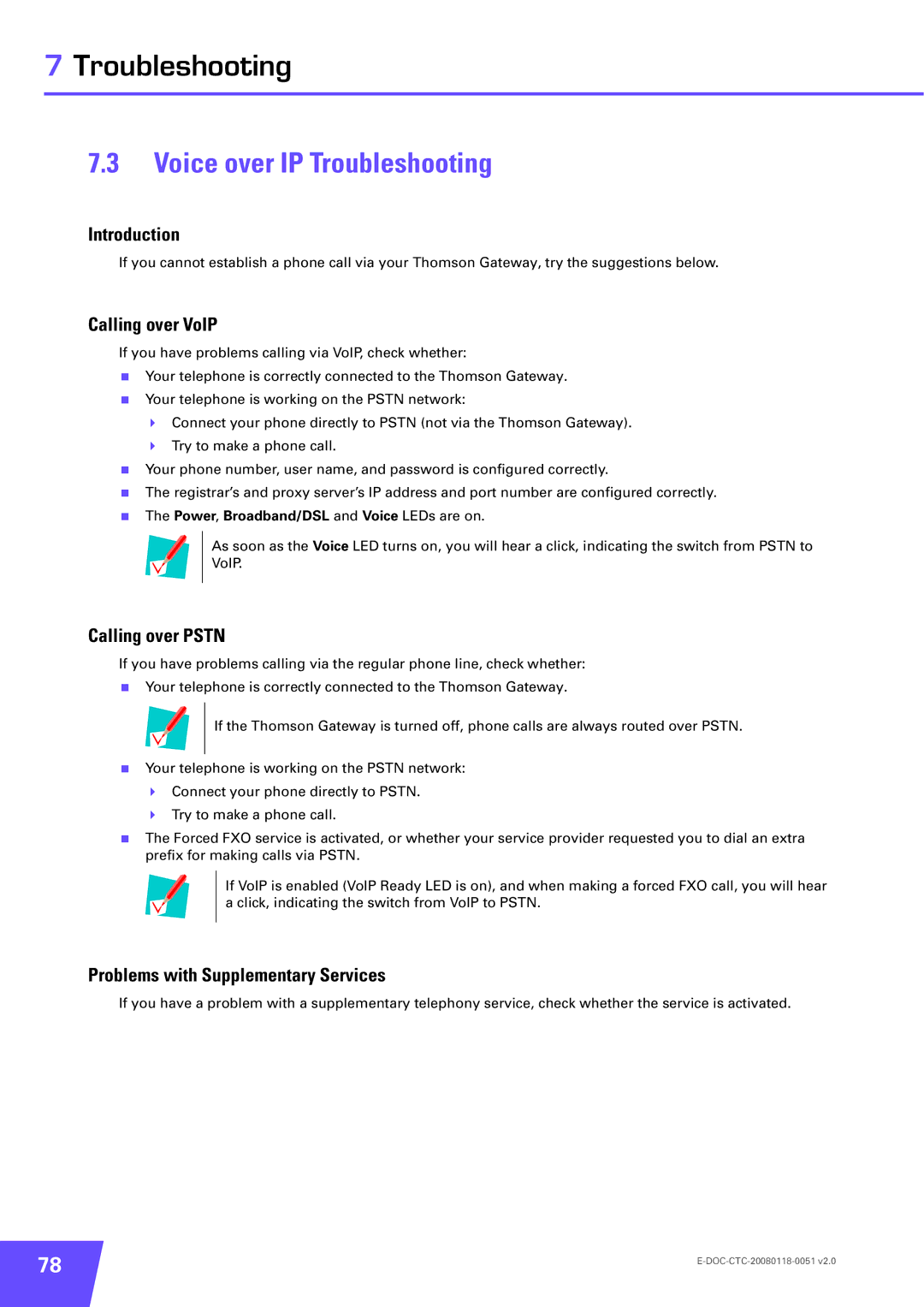 Technicolor - Thomson TG787 manual Voice over IP Troubleshooting, Calling over VoIP, Calling over Pstn 