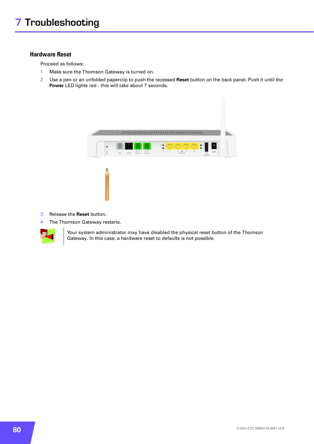 Technicolor - Thomson TG787 manual Hardware Reset 