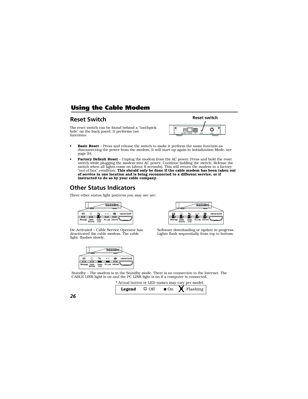 Technicolor - Thomson Thomson CABLE MODEM manual Using the Cable Modem Reset Switch, Other Status Indicators 