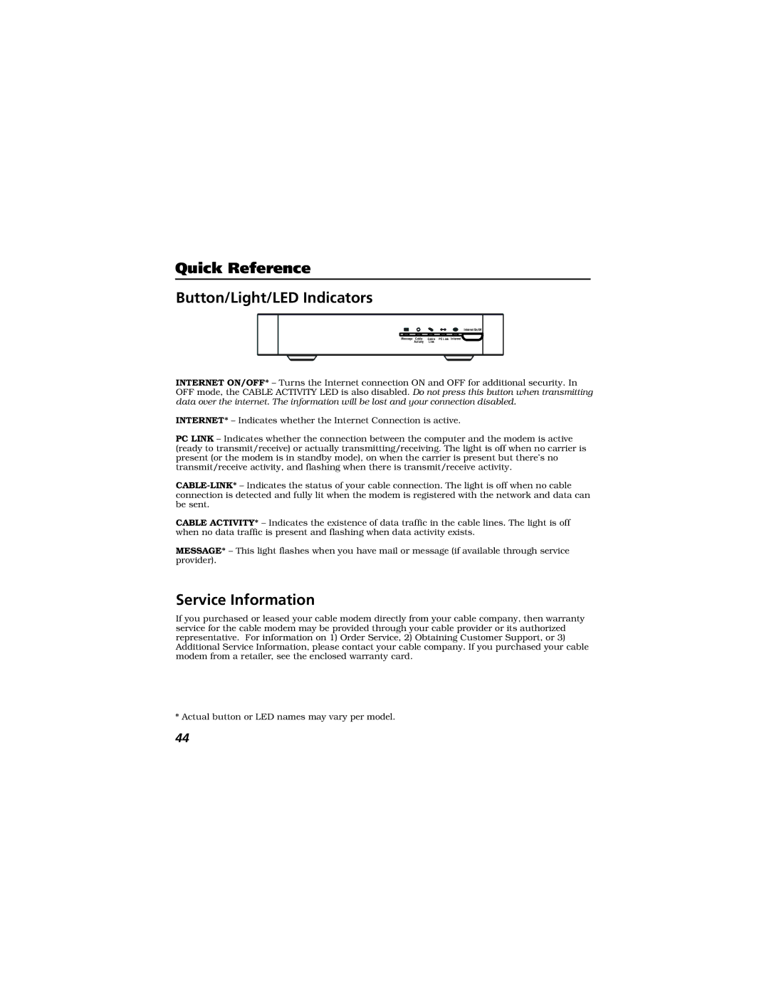 Technicolor - Thomson Thomson CABLE MODEM manual Quick Reference Button/Light/LED Indicators, Service Information 