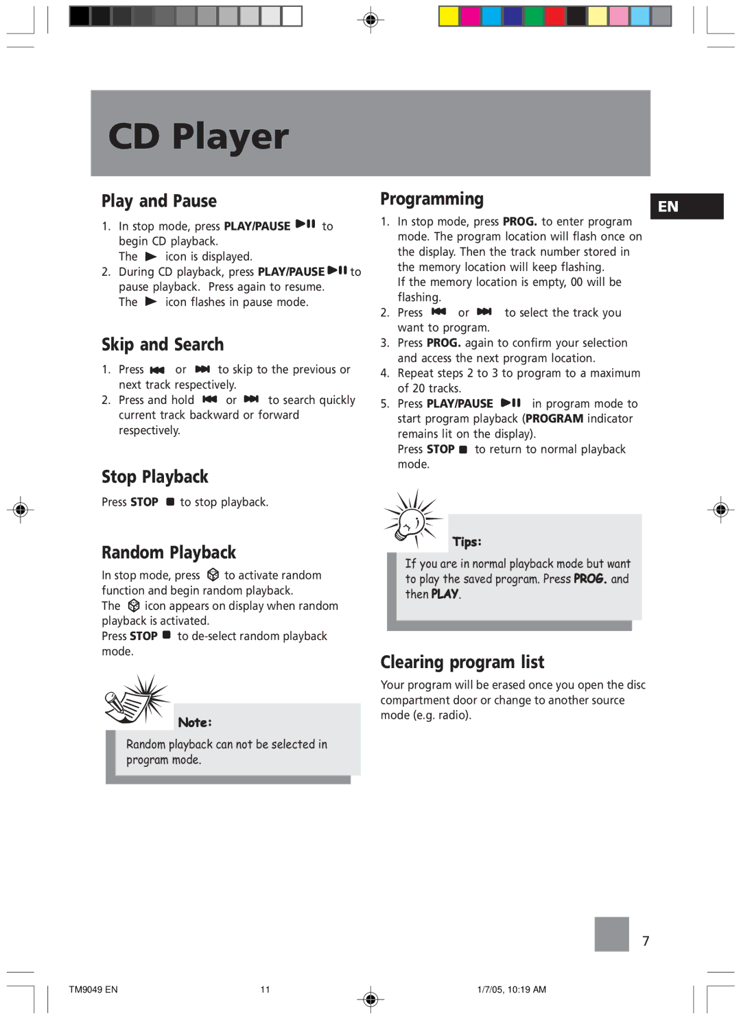 Technicolor - Thomson TM9049 manual Play and Pause, Skip and Search, Stop Playback, Random Playback, ProgrammingEN 