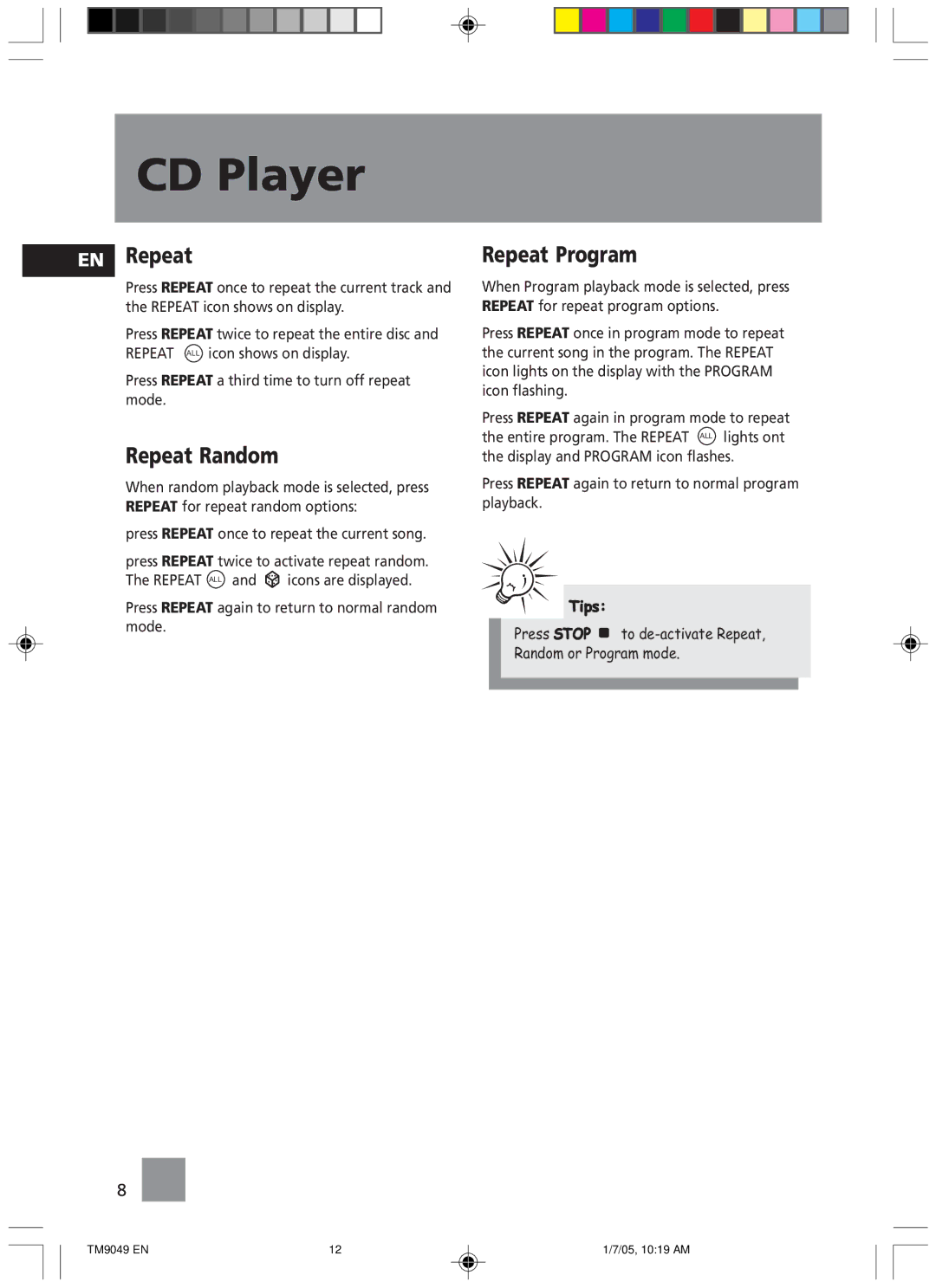 Technicolor - Thomson TM9049 manual EN Repeat, Repeat Random, Repeat Program 