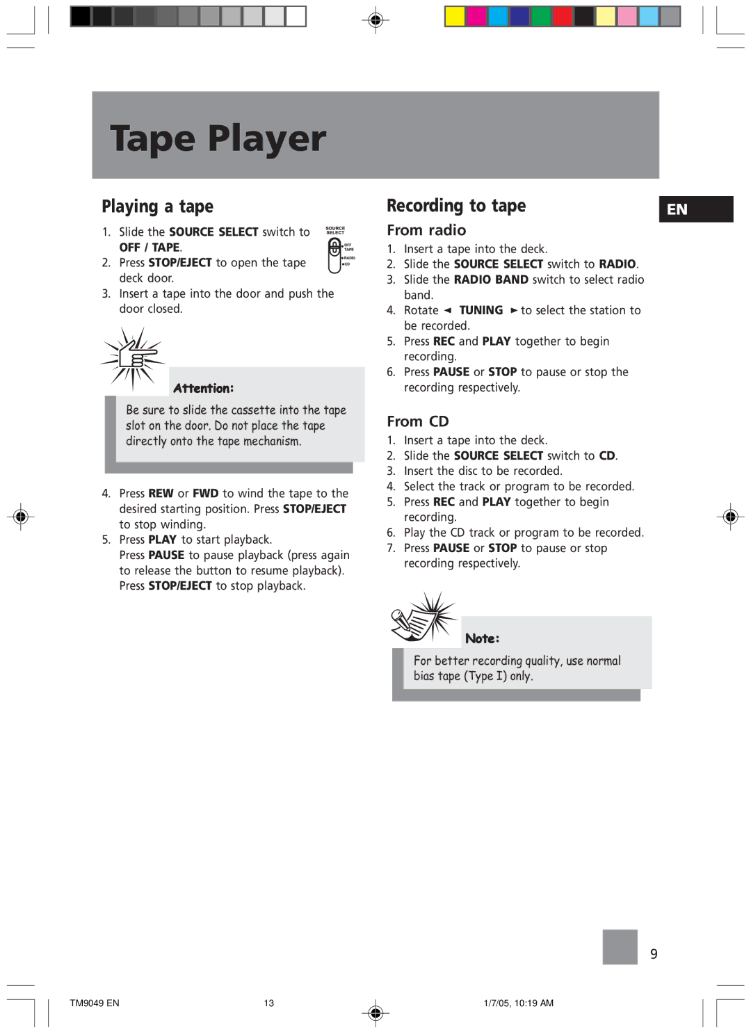 Technicolor - Thomson TM9049 manual Tape Player, Playing a tape, Recording to tape, From radio, From CD 