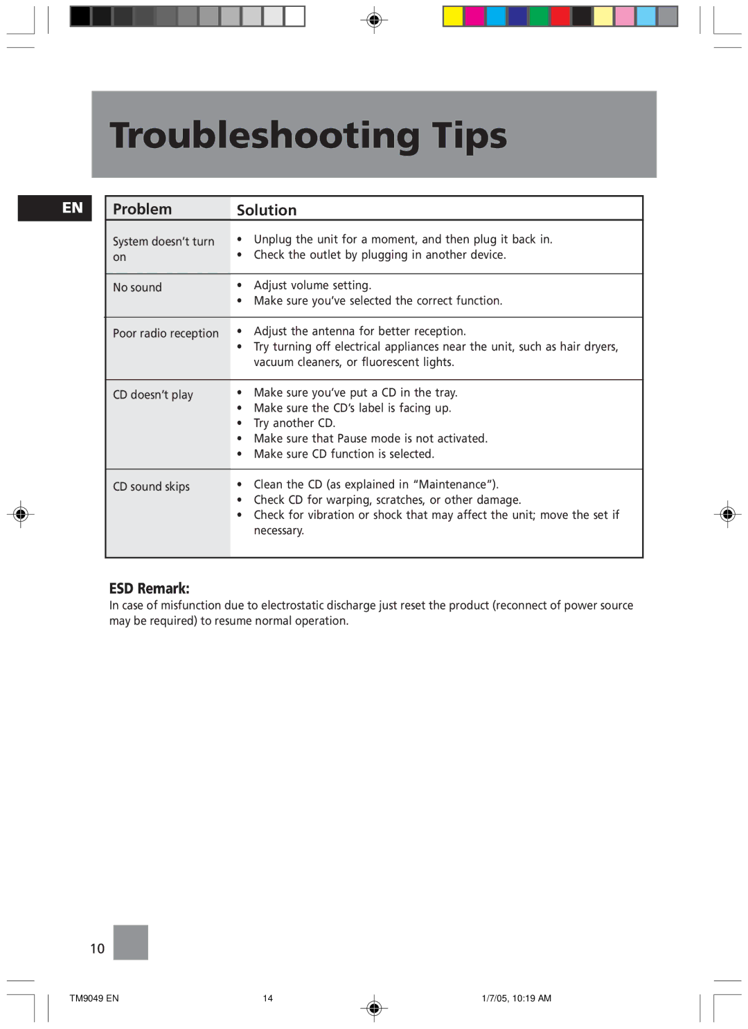 Technicolor - Thomson TM9049 manual Troubleshooting Tips, Problem Solution, ESD Remark 