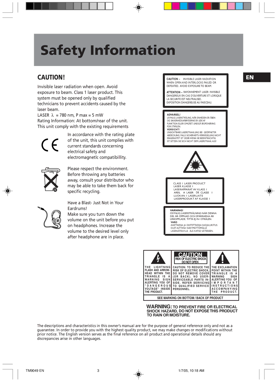 Technicolor - Thomson TM9049 manual Shock HAZARD, do not Exposethis Product To Rain or Moisture 