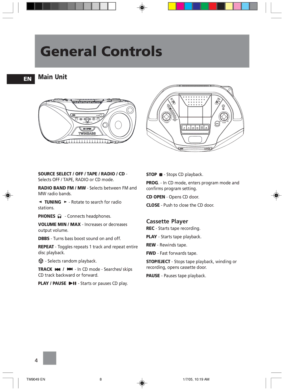 Technicolor - Thomson TM9049 manual General Controls, Main Unit, Cassette Player 