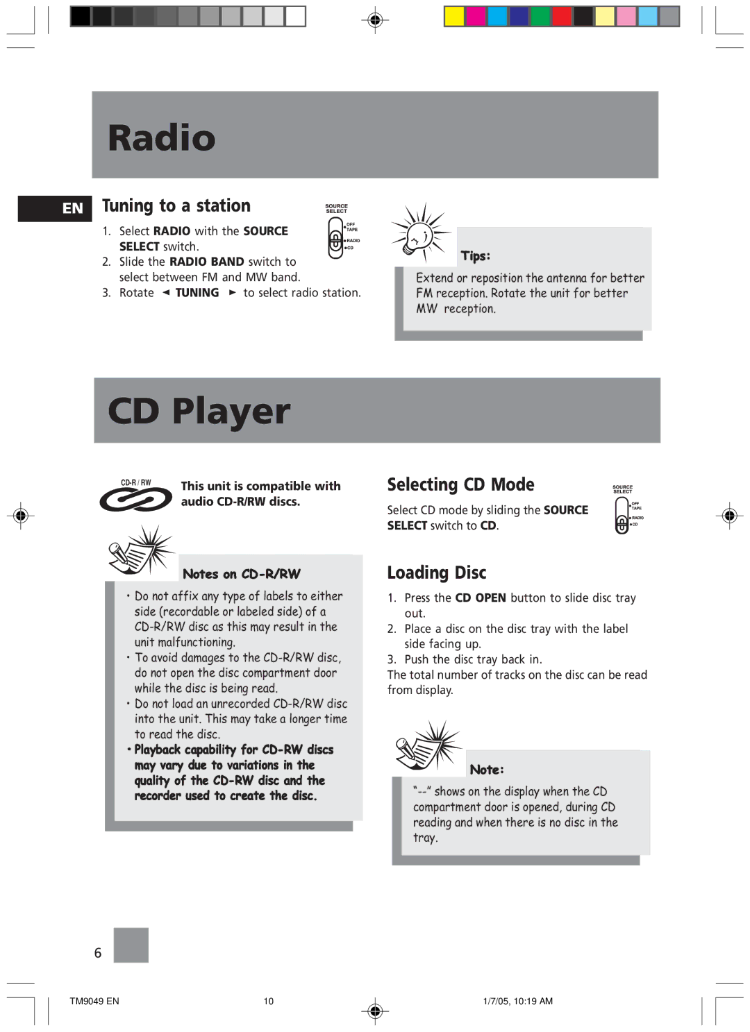 Technicolor - Thomson TM9049 manual Radio, CD Player, Tuning to a station, Selecting CD Mode, Loading Disc 